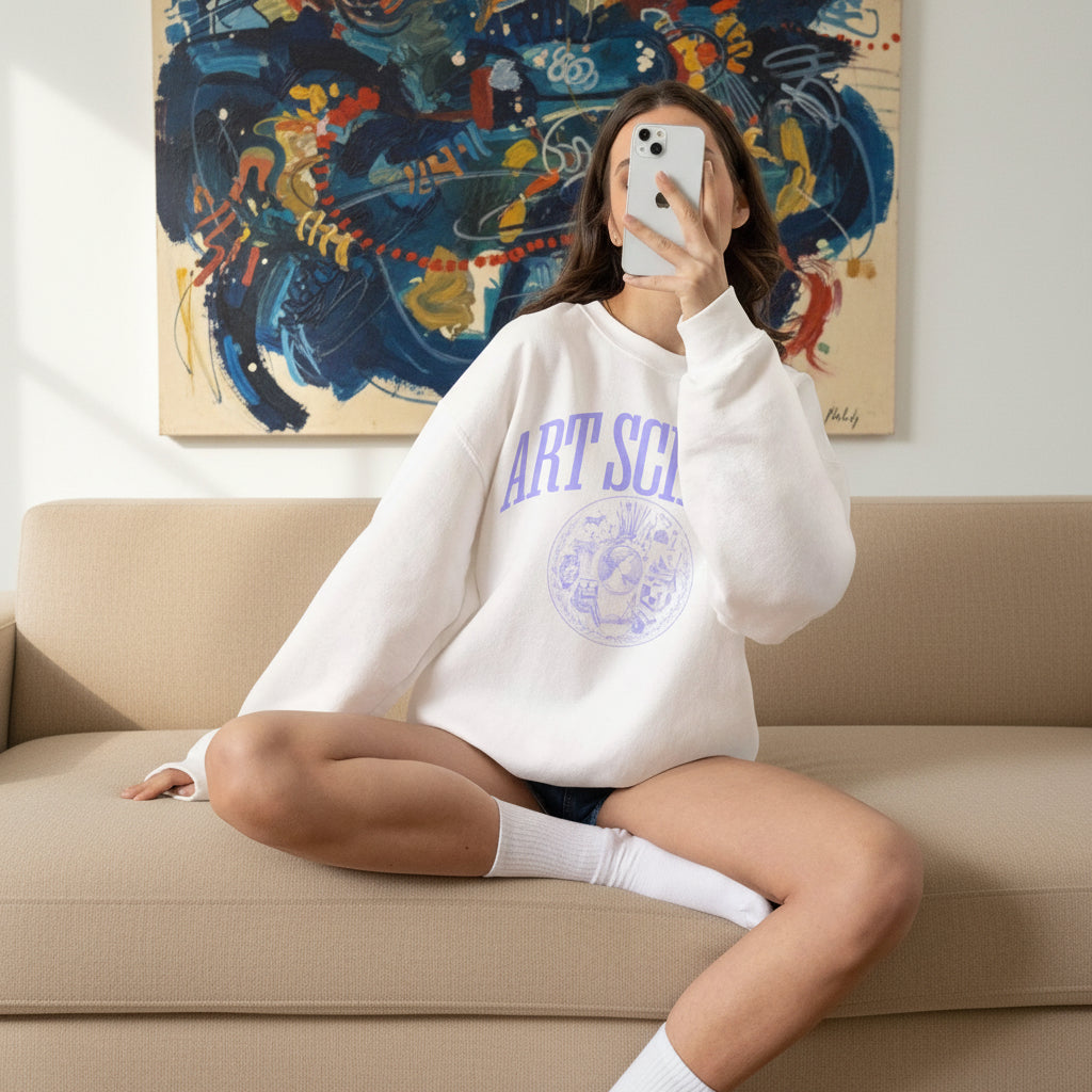A woman takes a mirror selfie while sitting on a beige couch, wearing a white sweatshirt with a light blue graphic that reads 'ART SCHOOL' and a circular emblem. She is wearing gray striped socks 