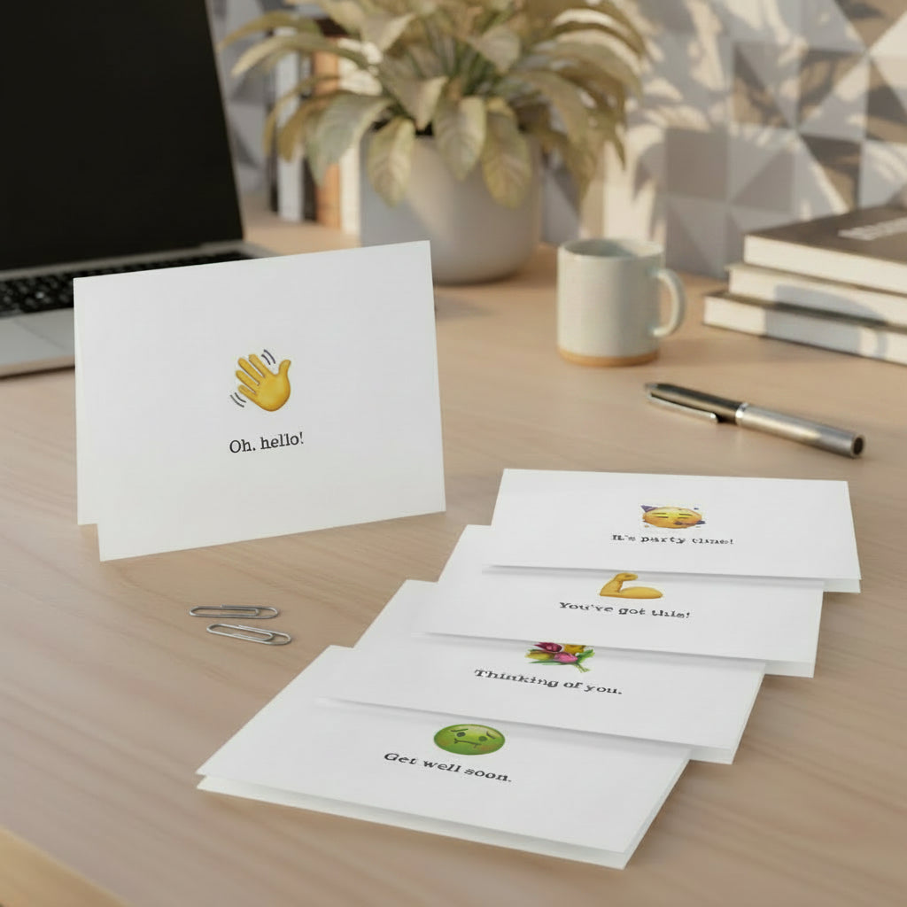 A set of white greeting cards with emoji-style illustrations and short text, arranged on a gray tabletop with a pencil and paper clips nearby. The cards are shown in a real interior setting with window blinds in the background, so this is Lifestyle rather than Product/Packaging.